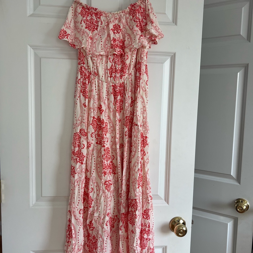 Red and White Off-Shoulder Maxi Dress